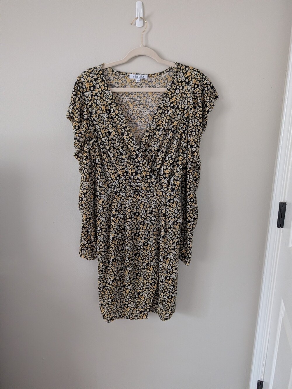 Mimi Chica Black Floral Wrap Dress with Yellow Accents